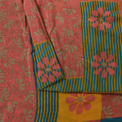 Sanskriti Vintage Sarees Pink 100%Pure Crepe Silk Printed Sari 5+yd Craft Fabric