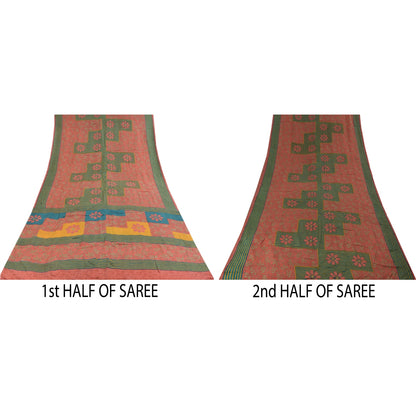 Sanskriti Vintage Sarees Pink 100%Pure Crepe Silk Printed Sari 5+yd Craft Fabric