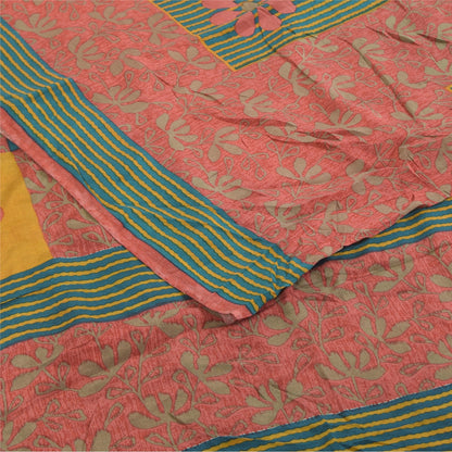 Sanskriti Vintage Sarees Pink 100%Pure Crepe Silk Printed Sari 5+yd Craft Fabric