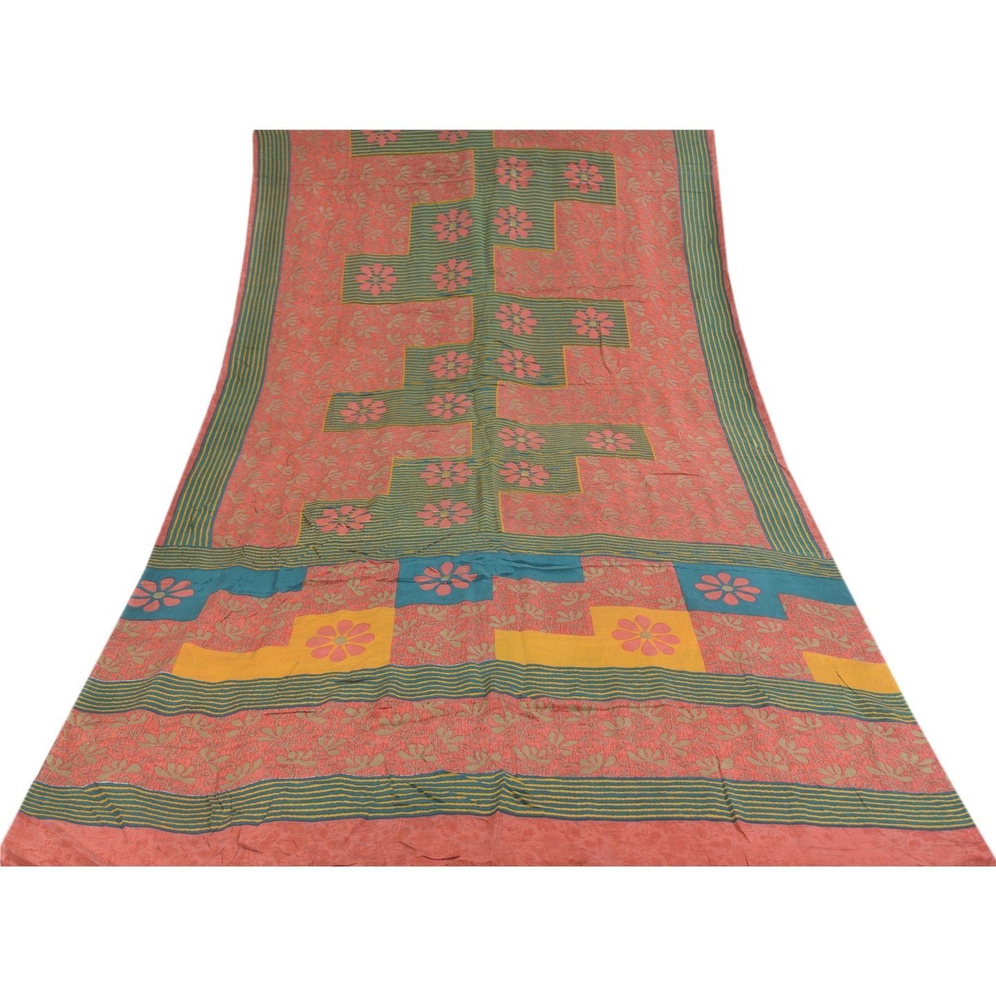 Sanskriti Vintage Sarees Pink 100%Pure Crepe Silk Printed Sari 5+yd Craft Fabric