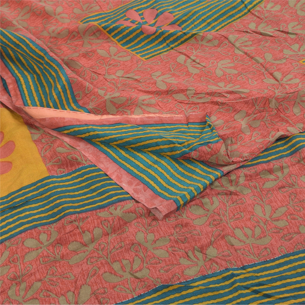 Sanskriti Vintage Sarees Pink 100%Pure Crepe Silk Printed Sari 5+yd Craft Fabric