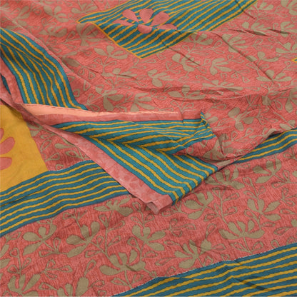 Sanskriti Vintage Sarees Pink 100%Pure Crepe Silk Printed Sari 5+yd Craft Fabric