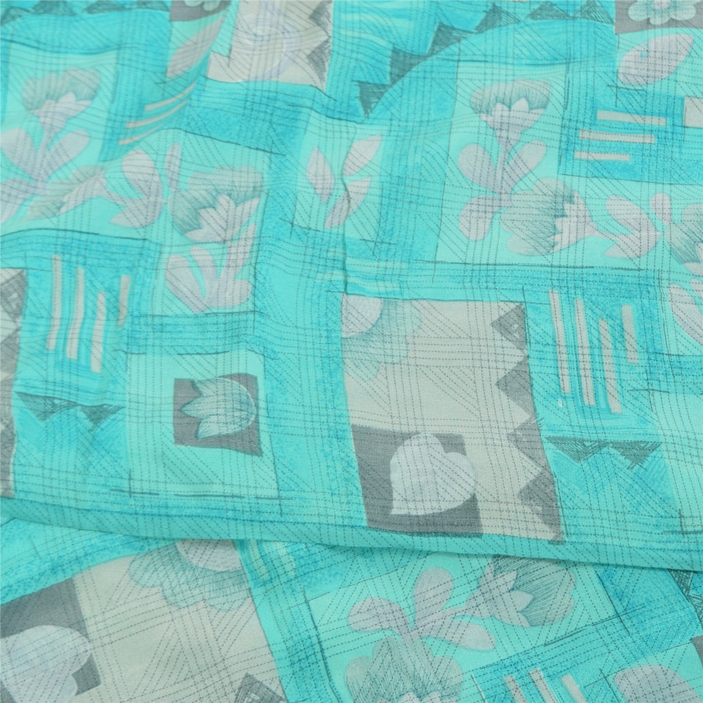 Sanskriti Vintage Sarier Blå Ren Crepe Silke Trykt Sari 5+ yard Håndværksstof