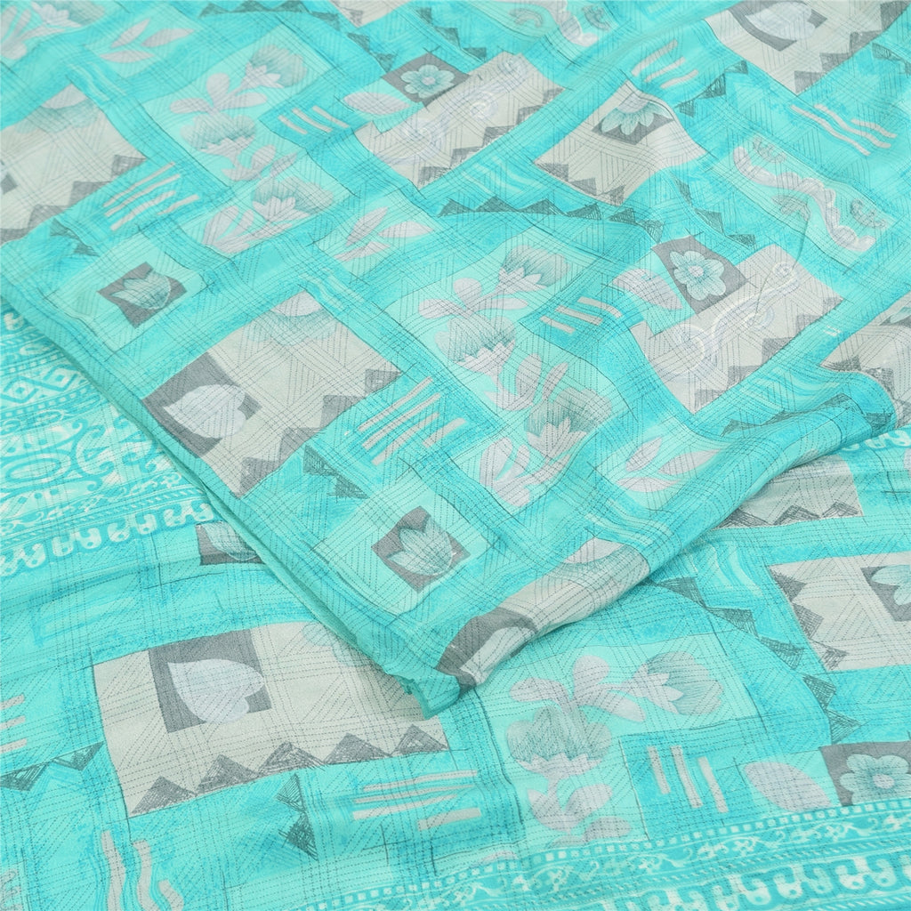 Sanskriti Vintage Sarier Blå Ren Crepe Silke Trykt Sari 5+ yard Håndværksstof