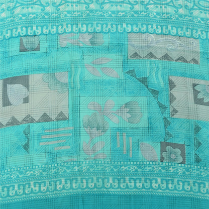 Sanskriti Vintage Sarier Blå Ren Crepe Silke Trykt Sari 5+ yard Håndværksstof