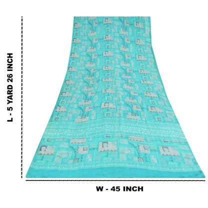Sanskriti Vintage Sarier Blå Ren Crepe Silke Trykt Sari 5+ yard Håndværksstof
