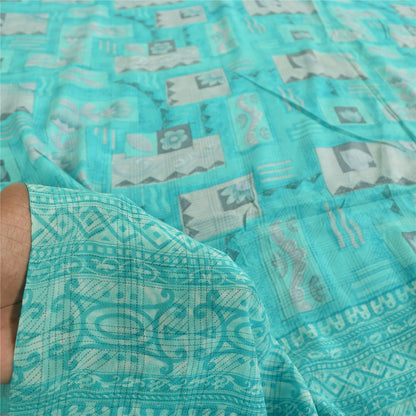 Sanskriti Vintage Sarier Blå Ren Crepe Silke Trykt Sari 5+ yard Håndværksstof