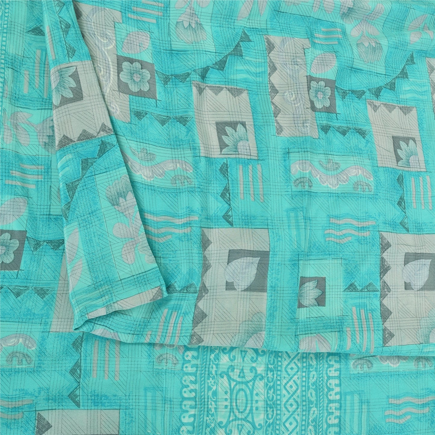 Sanskriti Vintage Sarier Blå Ren Crepe Silke Trykt Sari 5+ yard Håndværksstof