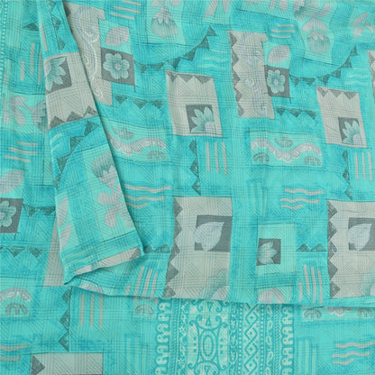 Sanskriti Vintage Sarier Blå Ren Crepe Silke Trykt Sari 5+ yard Håndværksstof