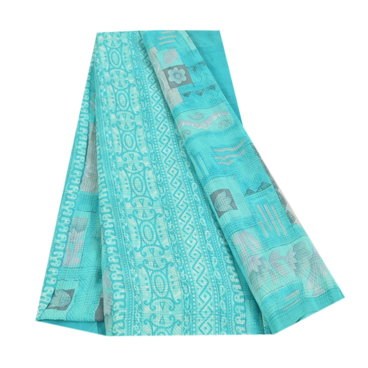 Sanskriti Vintage Sarier Blå Ren Crepe Silke Trykt Sari 5+ yard Håndværksstof