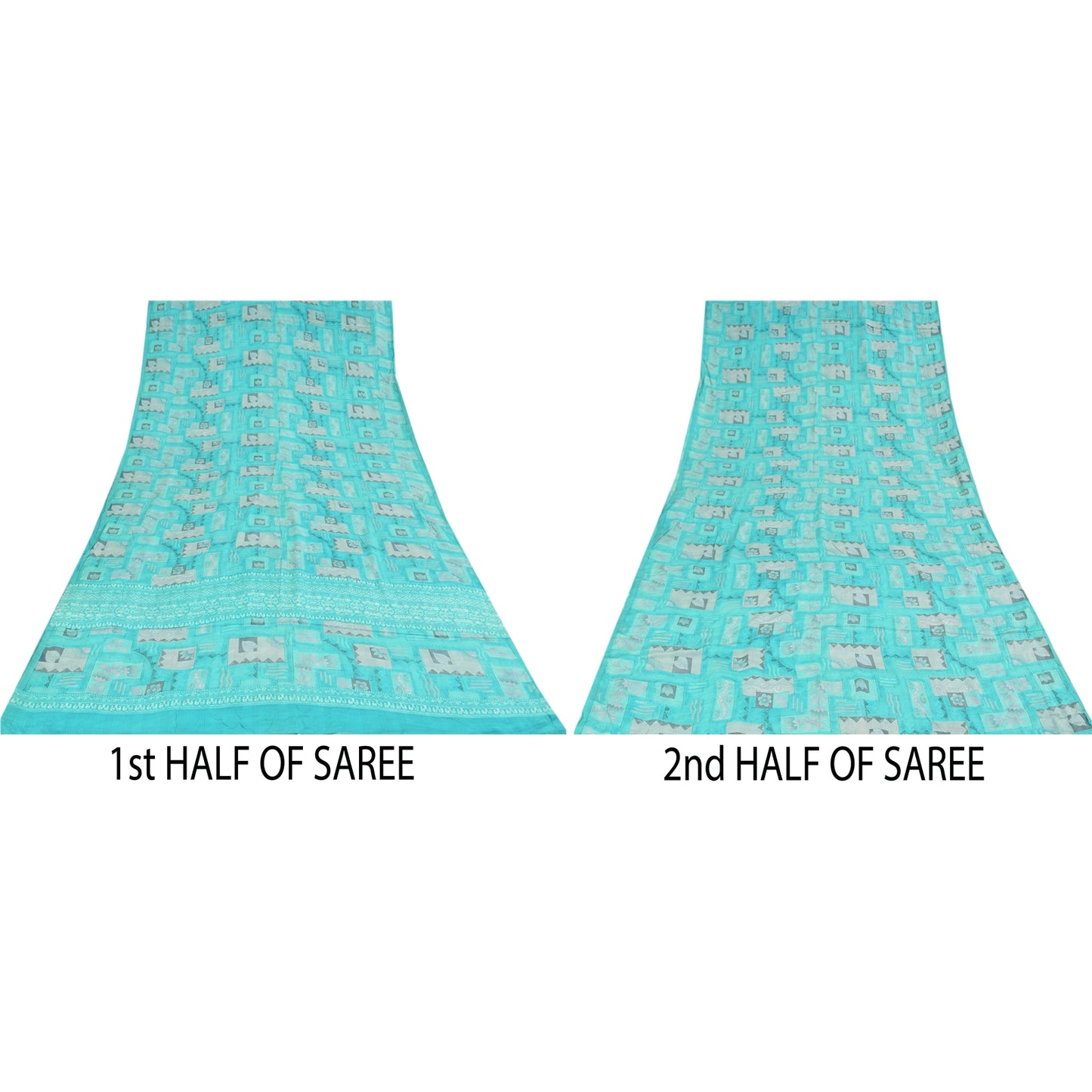 Sanskriti Vintage Sarier Blå Ren Crepe Silke Trykt Sari 5+ yard Håndværksstof