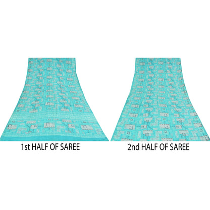 Sanskriti Vintage Sarier Blå Ren Crepe Silke Trykt Sari 5+ yard Håndværksstof