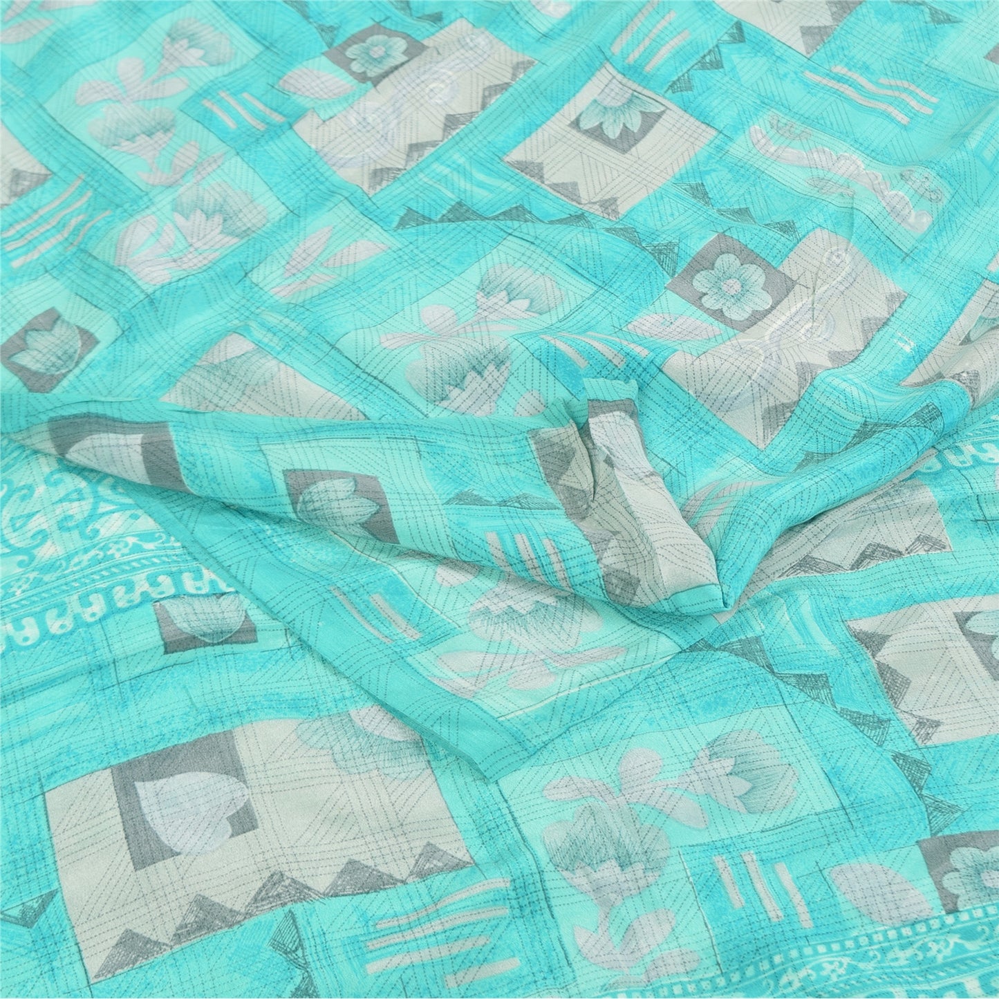 Sanskriti Vintage Sarier Blå Ren Crepe Silke Trykt Sari 5+ yard Håndværksstof