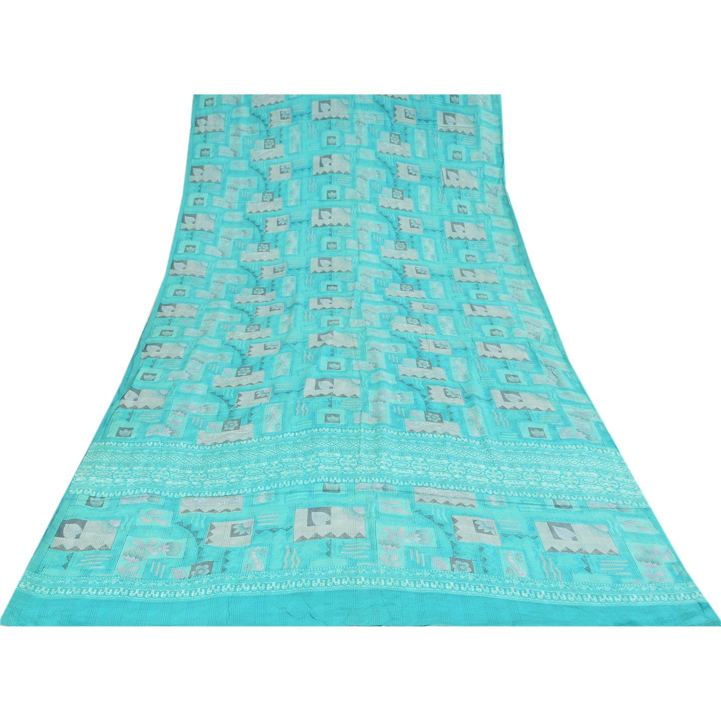 Sanskriti Vintage Sarier Blå Ren Crepe Silke Trykt Sari 5+ yard Håndværksstof