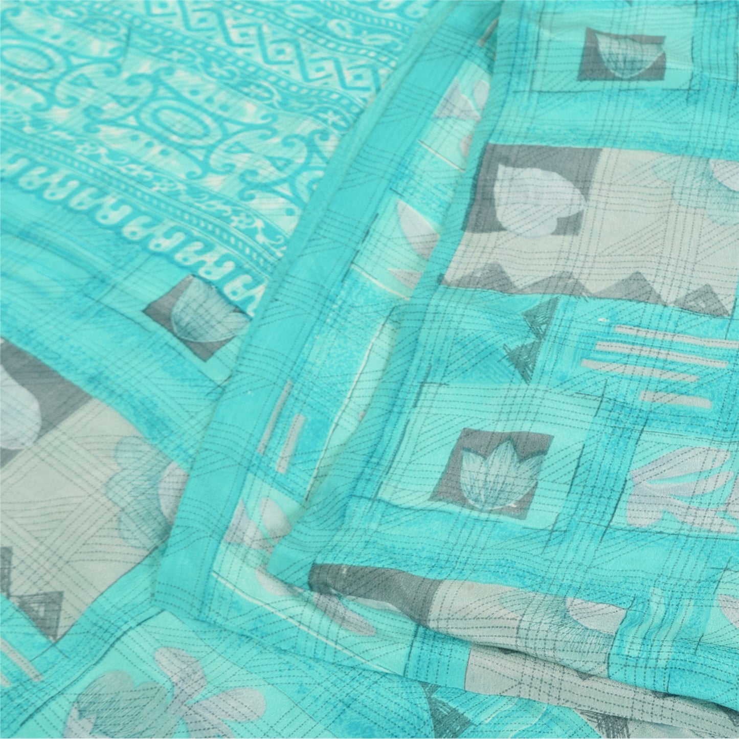 Sanskriti Vintage Sarier Blå Ren Crepe Silke Trykt Sari 5+ yard Håndværksstof