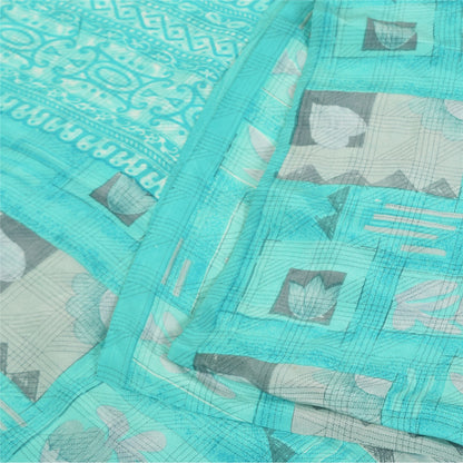 Sanskriti Vintage Sarier Blå Ren Crepe Silke Trykt Sari 5+ yard Håndværksstof