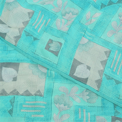 Sanskriti Vintage Sarier Blå Ren Crepe Silke Trykt Sari 5+ yard Håndværksstof