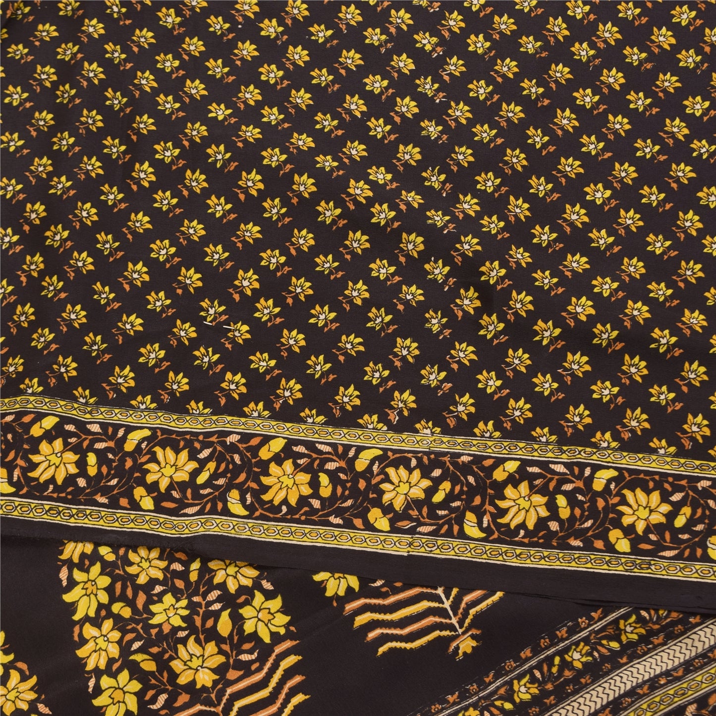 Sanskriti Vintage Sarees Brown Pure Crepe Silk Printed Sari 5+yd Craft Fabric