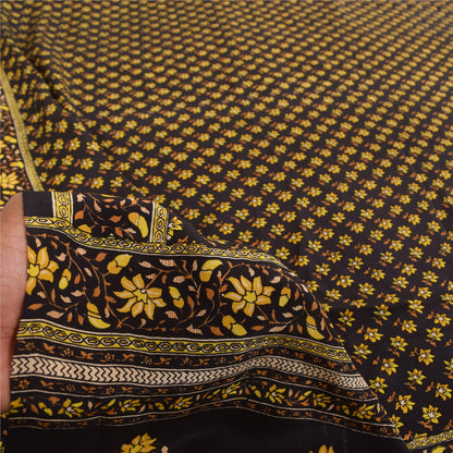 Sanskriti Vintage Sarees Brown Pure Crepe Silk Printed Sari 5+yd Craft Fabric