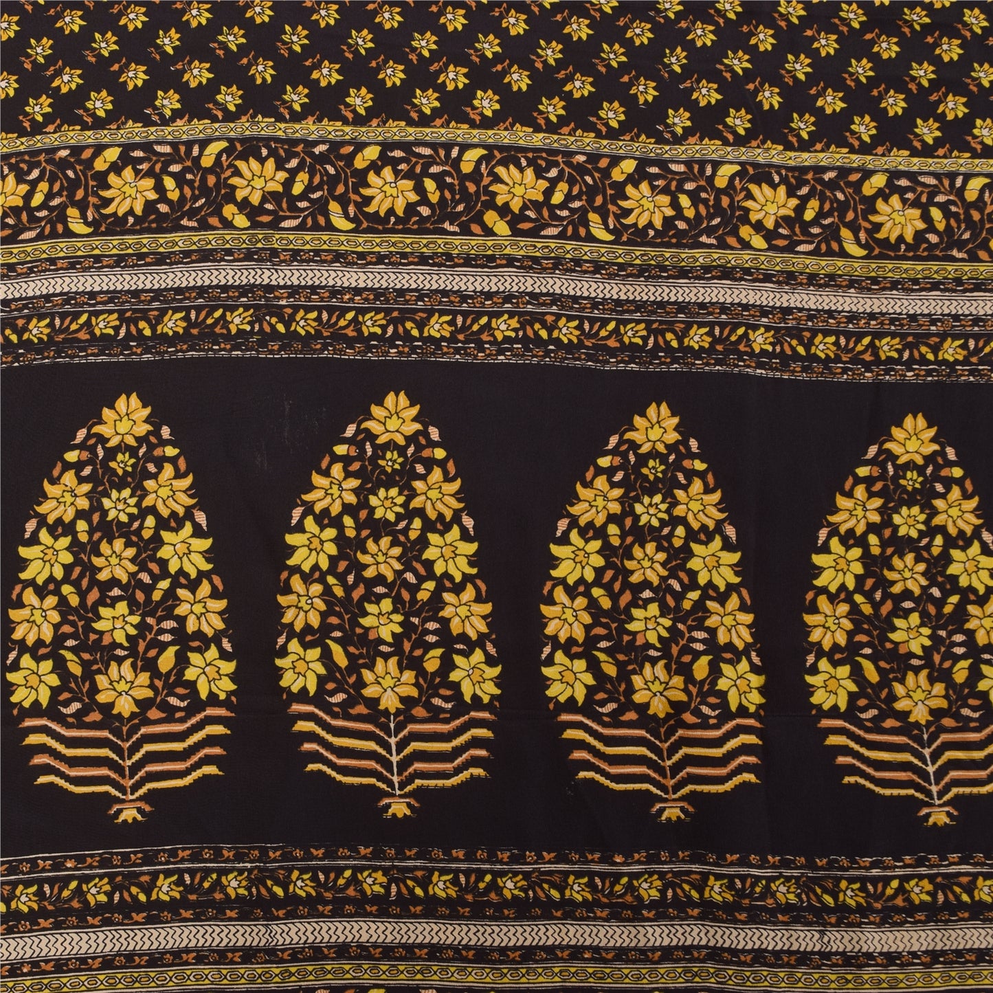 Sanskriti Vintage Sarees Brown Pure Crepe Silk Printed Sari 5+yd Craft Fabric