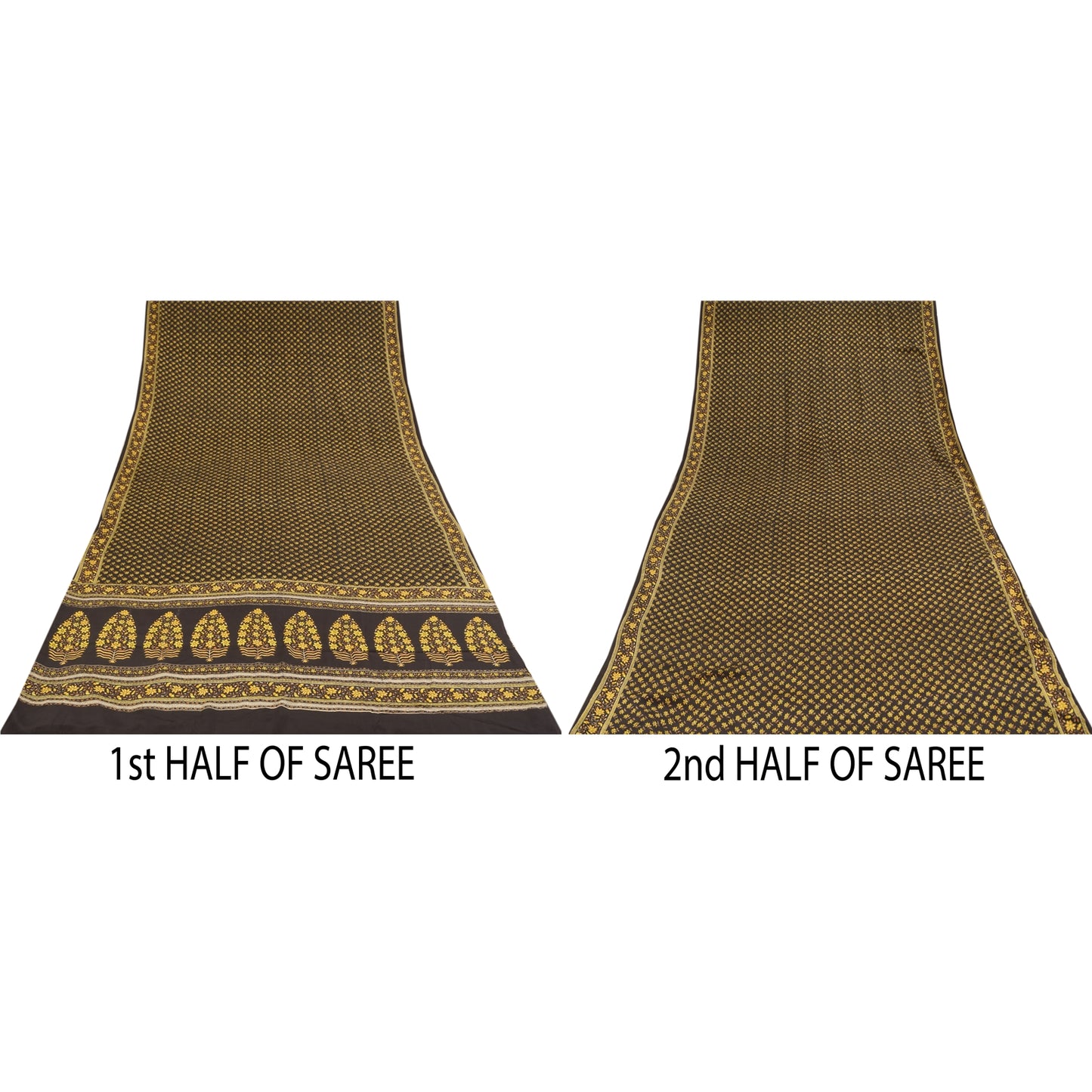 Sanskriti Vintage Sarees Brown Pure Crepe Silk Printed Sari 5+yd Craft Fabric