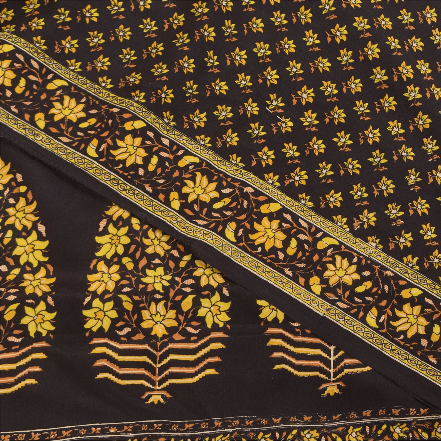 Sanskriti Vintage Sarees Brown Pure Crepe Silk Printed Sari 5+yd Craft Fabric