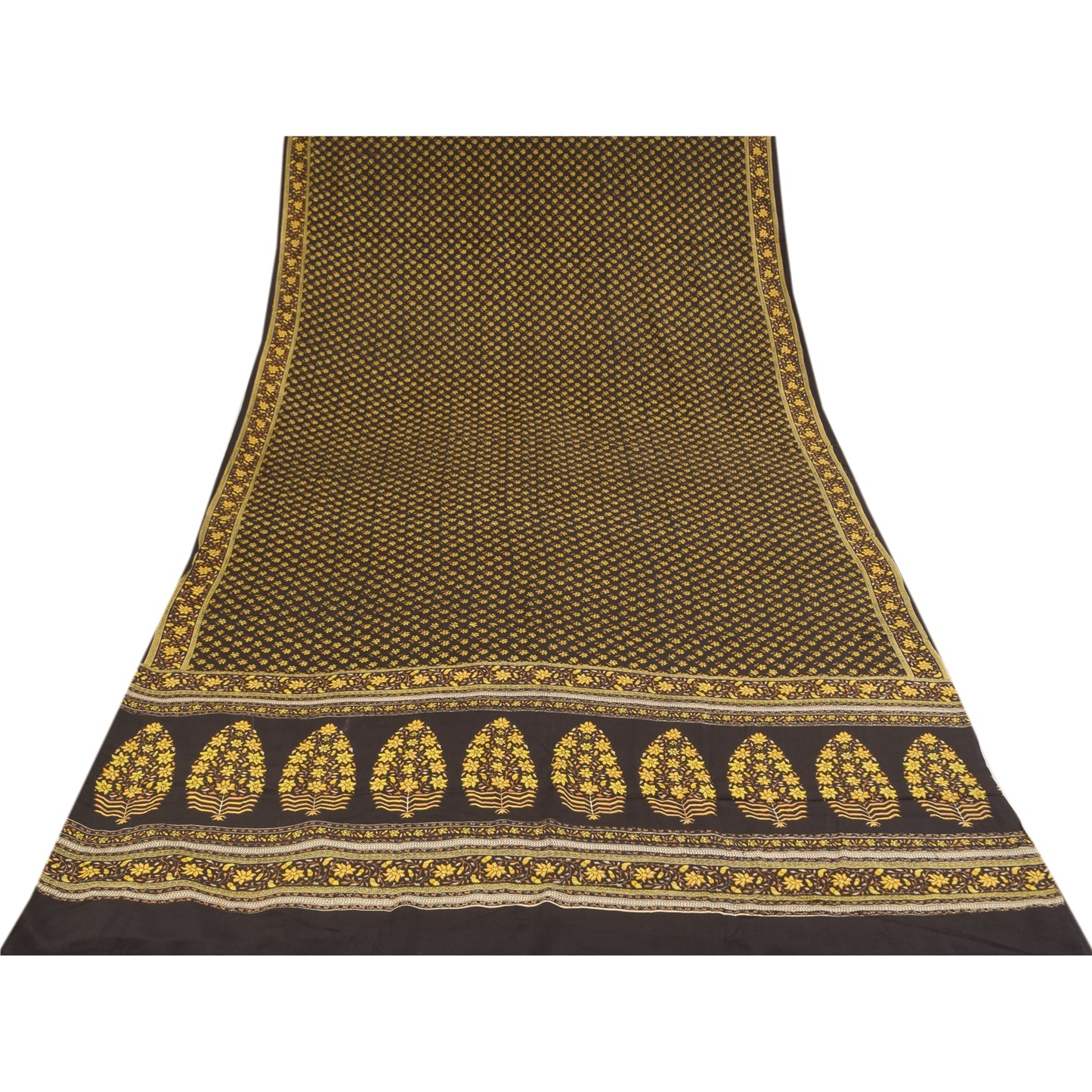 Sanskriti Vintage Sarees Brown Pure Crepe Silk Printed Sari 5+yd Craft Fabric