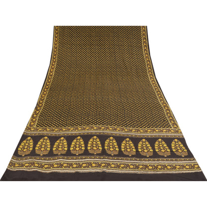 Sanskriti Vintage Sarees Brown Pure Crepe Silk Printed Sari 5+yd Craft Fabric