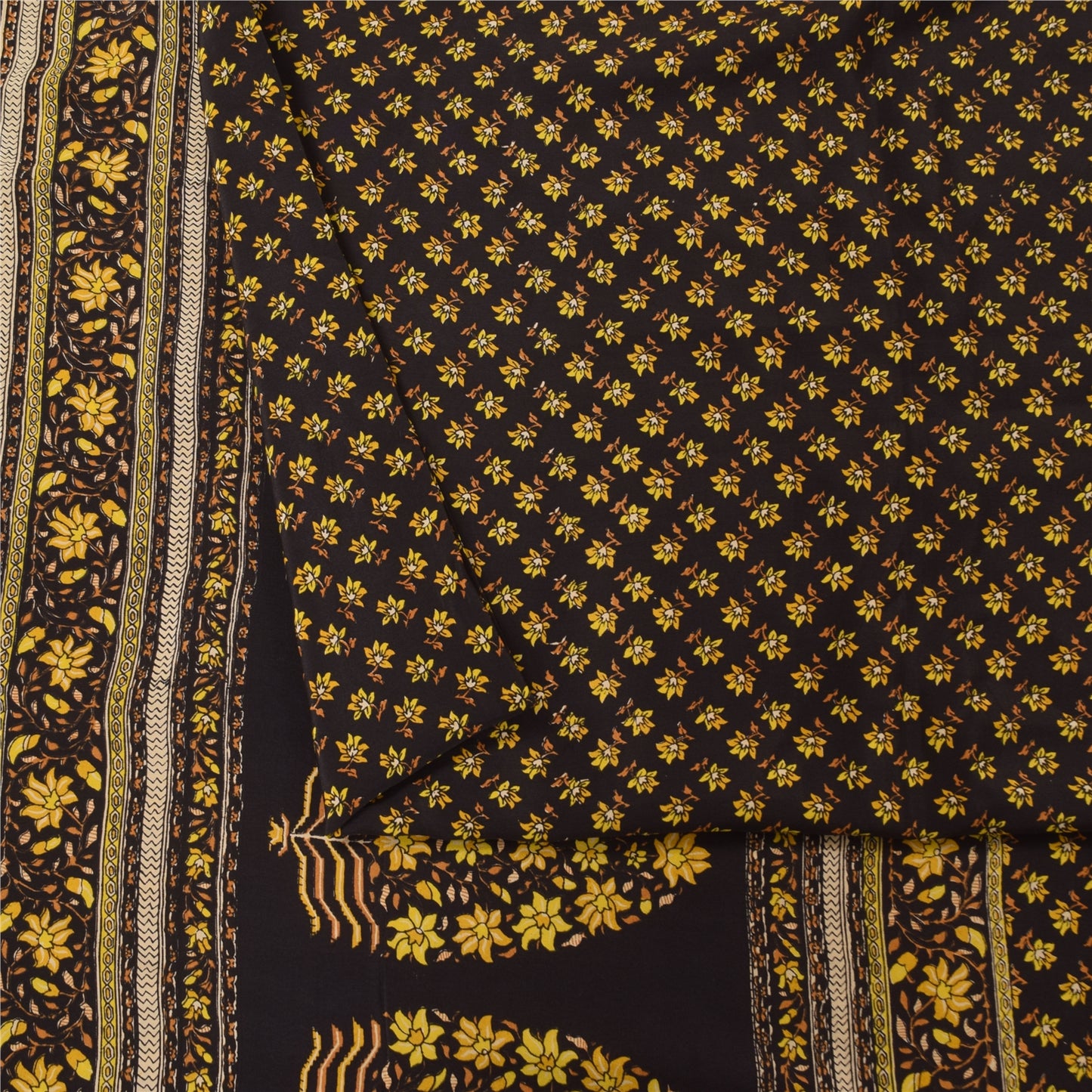 Sanskriti Vintage Sarees Brown Pure Crepe Silk Printed Sari 5+yd Craft Fabric