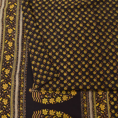 Sanskriti Vintage Sarees Brown Pure Crepe Silk Printed Sari 5+yd Craft Fabric