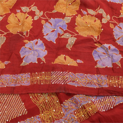 Sanskriti Vintage Sarees Red Hand Beaded Kantha Pure Crepe Printed Sari Fabric