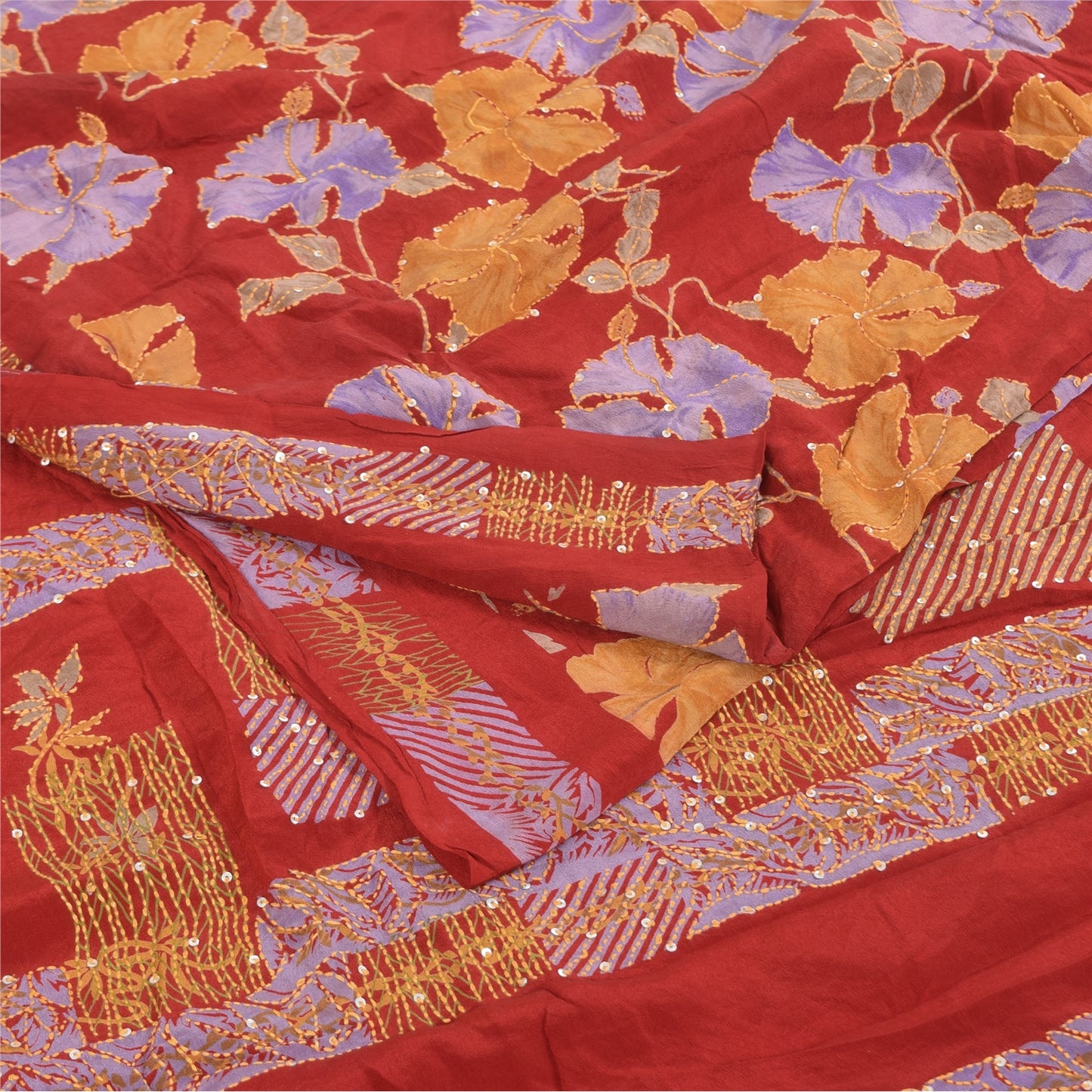 Sanskriti Vintage Sarees Red Hand Beaded Kantha Pure Crepe Printed Sari Fabric