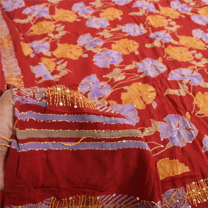 Sanskriti Vintage Sarees Red Hand Beaded Kantha Pure Crepe Printed Sari Fabric