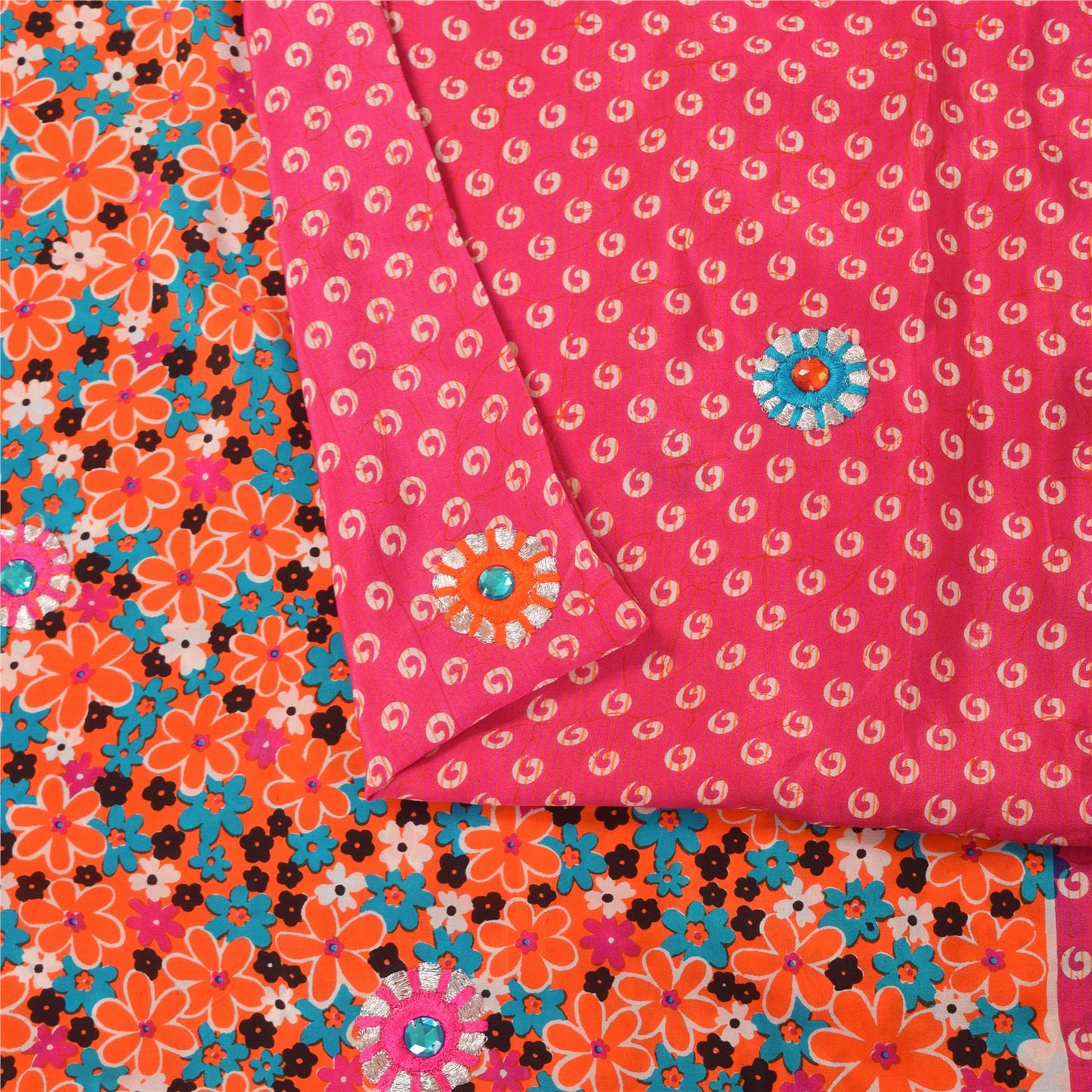 Sanskriti Vintage Sarees Pink Pure Crepe Hand Beaded Printed Sari 5+yd Fabric