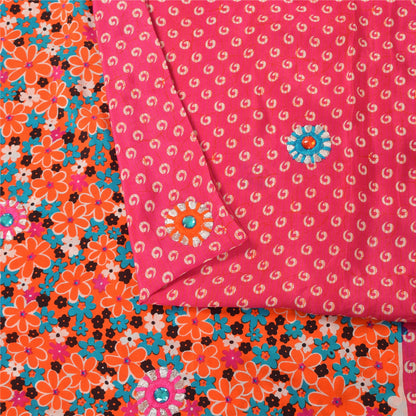 Sanskriti Vintage Sarees Pink Pure Crepe Hand Beaded Printed Sari 5+yd Fabric