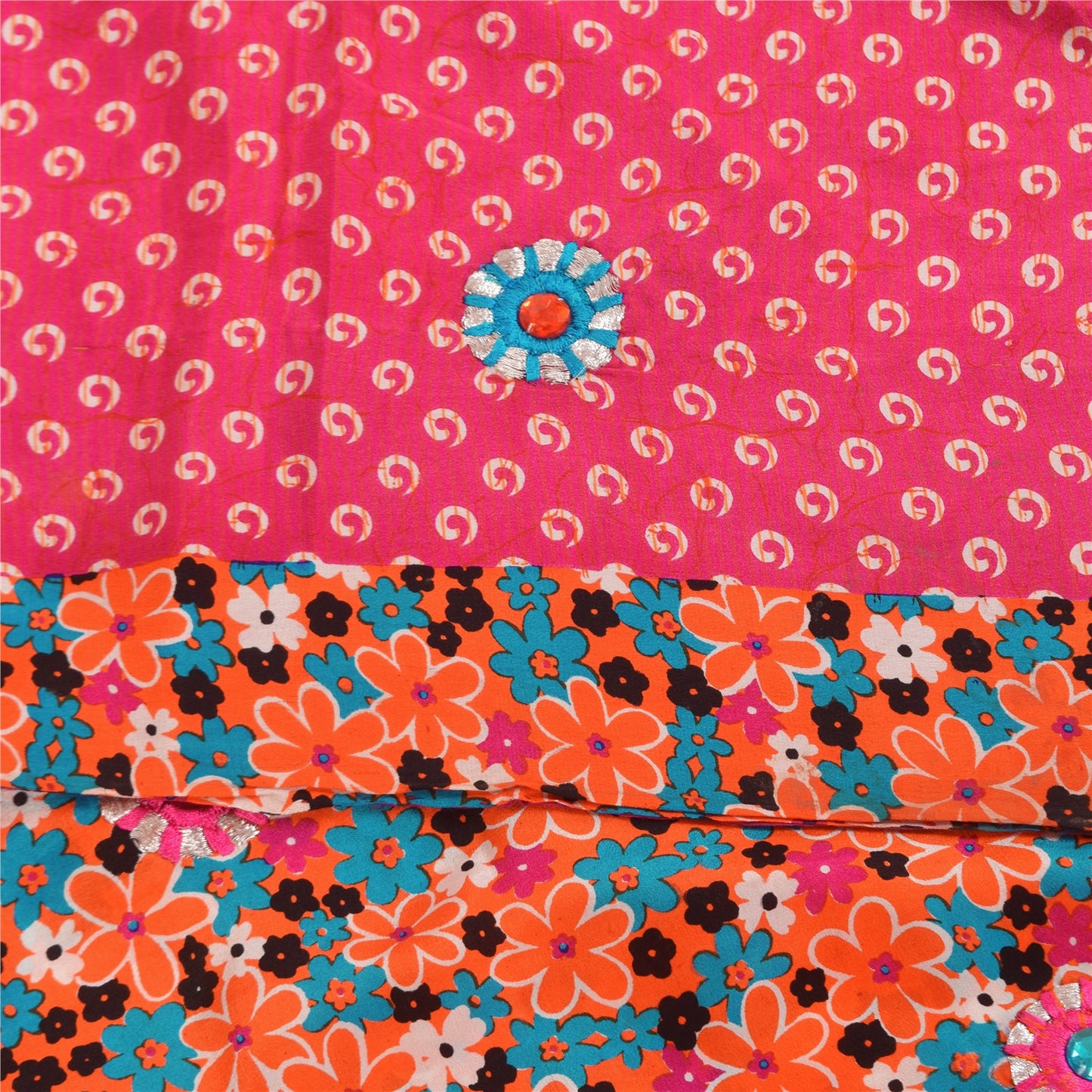 Sanskriti Vintage Sarees Pink Pure Crepe Hand Beaded Printed Sari 5+yd Fabric