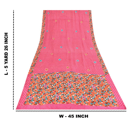Sanskriti Vintage Sarees Pink Pure Crepe Hand Beaded Printed Sari 5+yd Fabric