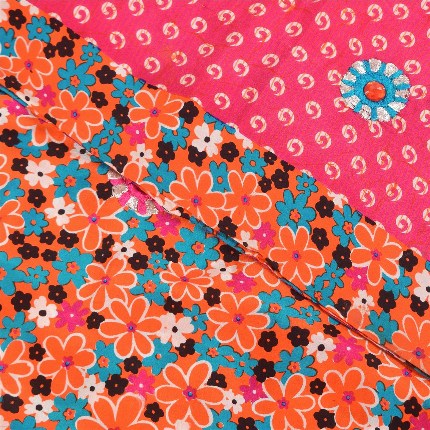 Sanskriti Vintage Sarees Pink Pure Crepe Hand Beaded Printed Sari 5+yd Fabric