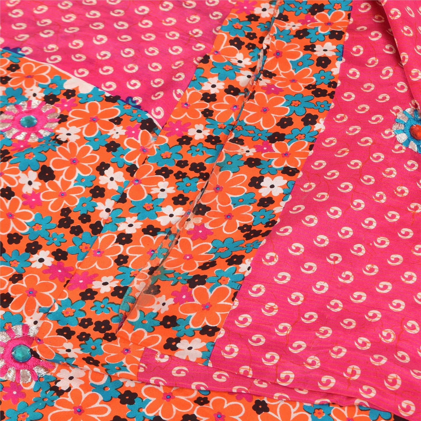 Sanskriti Vintage Sarees Pink Pure Crepe Hand Beaded Printed Sari 5+yd Fabric