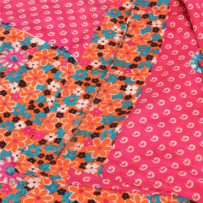 Sanskriti Vintage Sarees Pink Pure Crepe Hand Beaded Printed Sari 5+yd Fabric