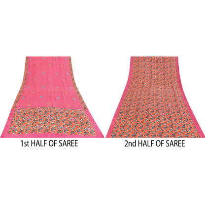 Sanskriti Vintage Sarees Pink Pure Crepe Hand Beaded Printed Sari 5+yd Fabric