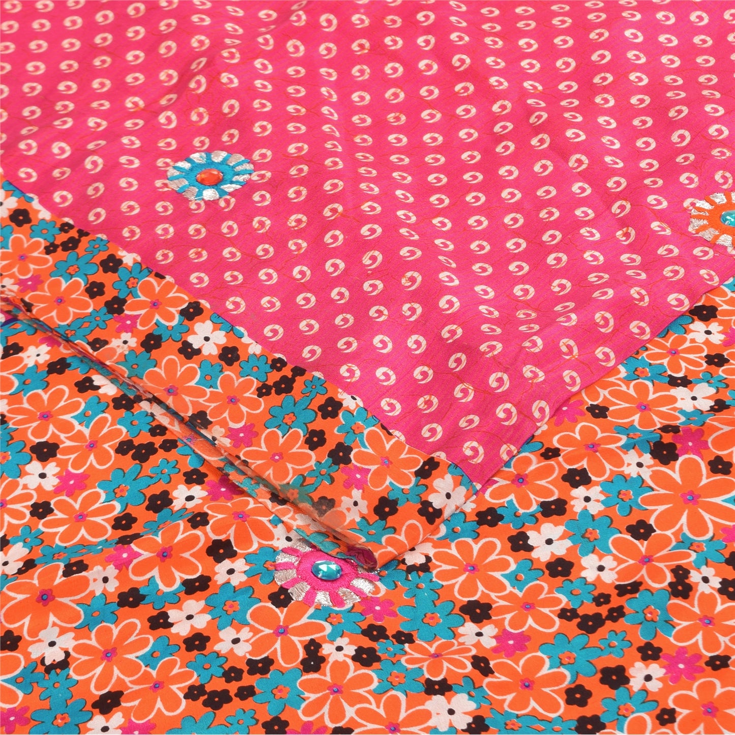 Sanskriti Vintage Sarees Pink Pure Crepe Hand Beaded Printed Sari 5+yd Fabric