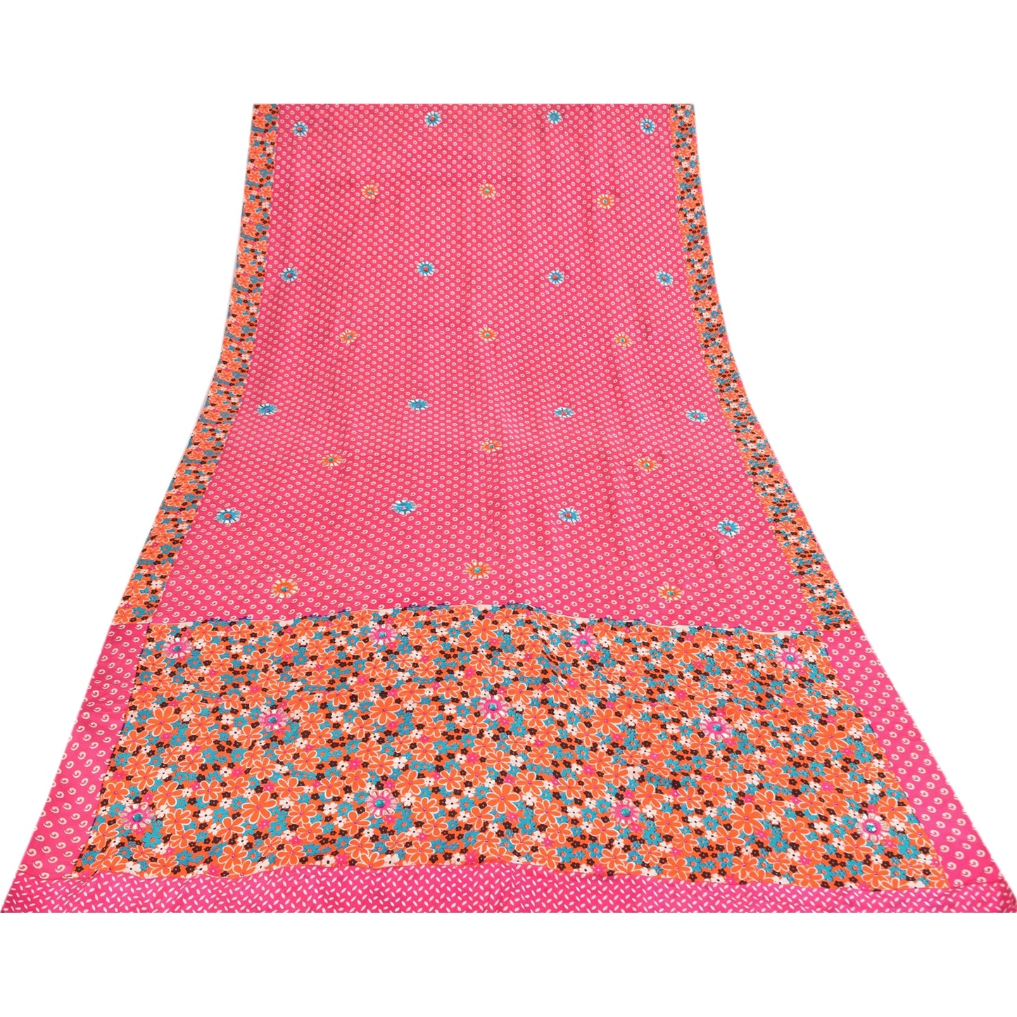 Sanskriti Vintage Sarees Pink Pure Crepe Hand Beaded Printed Sari 5+yd Fabric