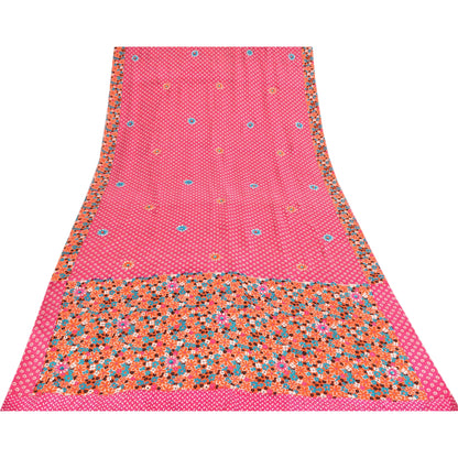 Sanskriti Vintage Sarees Pink Pure Crepe Hand Beaded Printed Sari 5+yd Fabric