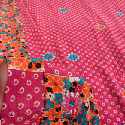 Sanskriti Vintage Sarees Pink Pure Crepe Hand Beaded Printed Sari 5+yd Fabric