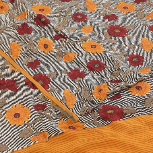 Sanskriti Vintage Sarees Black Pure Crepe Silk Printed Sari 5+yd Craft Fabric