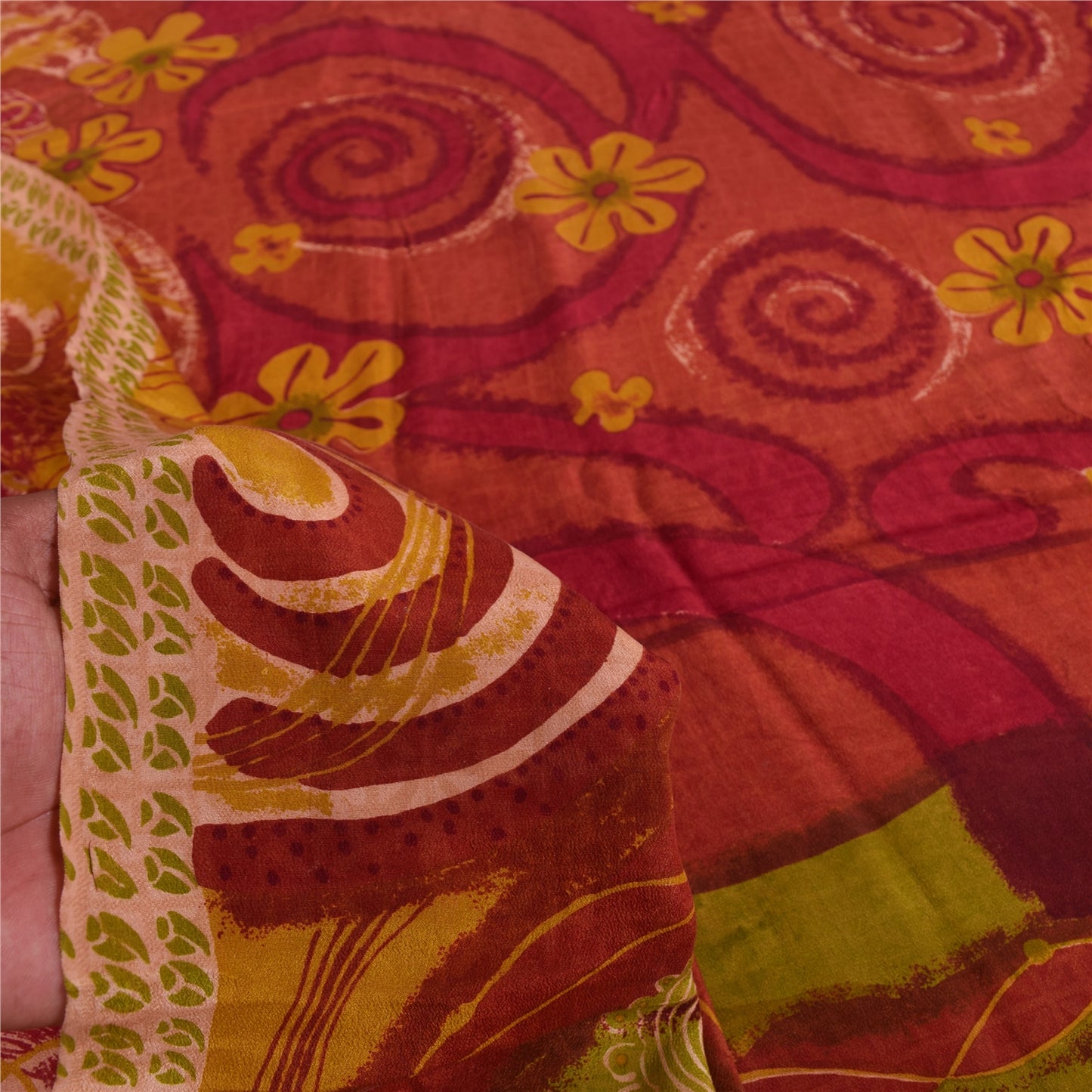 Sanskriti Vintage Sarees Red & Yellow Pure Crepe Printed Sari 5+yd Craft Sustainable Fabric