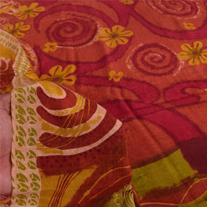 Sanskriti Vintage Sarees Red & Yellow Pure Crepe Printed Sari 5+yd Craft Sustainable Fabric
