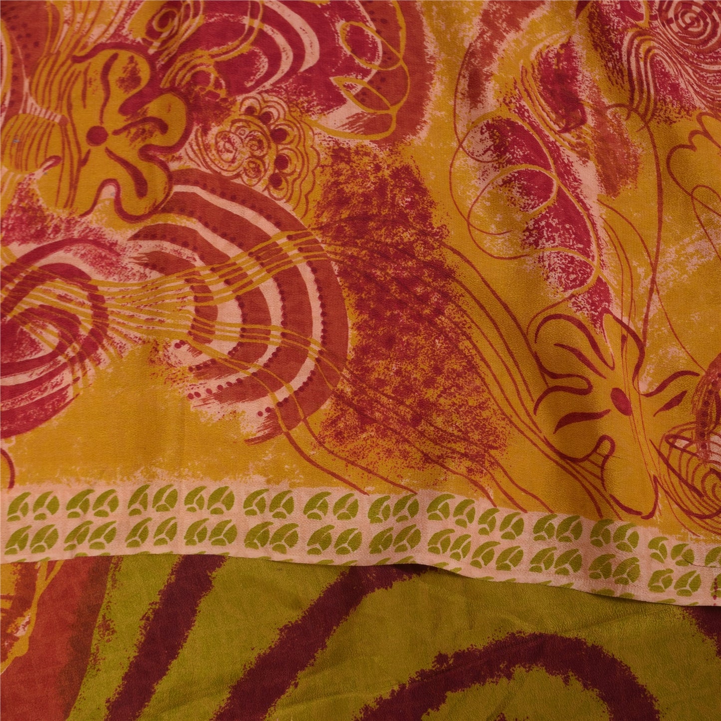 Sanskriti Vintage Sarees Red & Yellow Pure Crepe Printed Sari 5+yd Craft Sustainable Fabric