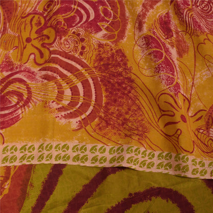 Sanskriti Vintage Sarees Red & Yellow Pure Crepe Printed Sari 5+yd Craft Sustainable Fabric